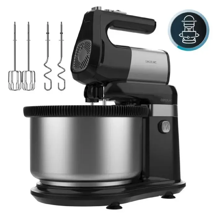 Cecotec Batteur électrique PowerTwist 500 Steel Double Spin. 500 W bol rotatif en acier inoxydable de 4 L 5 vitesses et Turbo