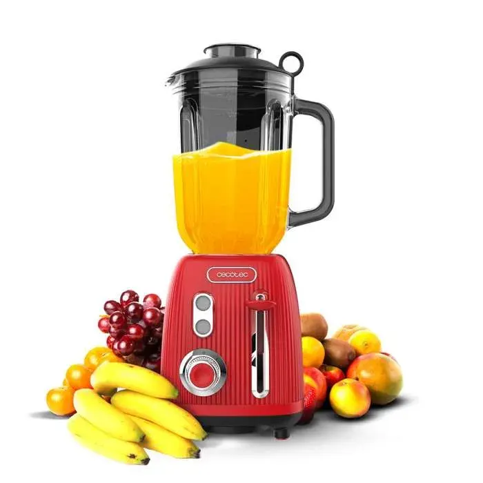 Cecotec Blender Mixeur Retro Power Black Titanium RetroRed. Puissance Maximale de 1200 W 2 Vitesses 4 Lames Revêtues de