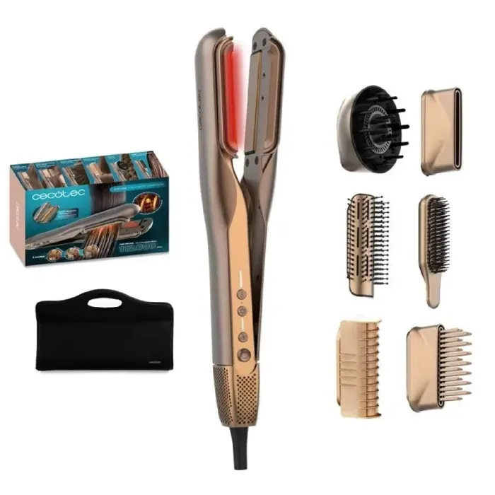 Cecotec Lisseur avec Air et Plaques Vibrantes AirLisse 6in1 iTwerk Champagne. 1000W 112000rpm Double Plaque Chauffante