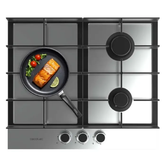 Cecotec Plaque de Gaz 3 Feux Bolero Squad G 3400F Inox 62kW Acier Inoxydable Grilles en Fonte Brûleur WOK Triple