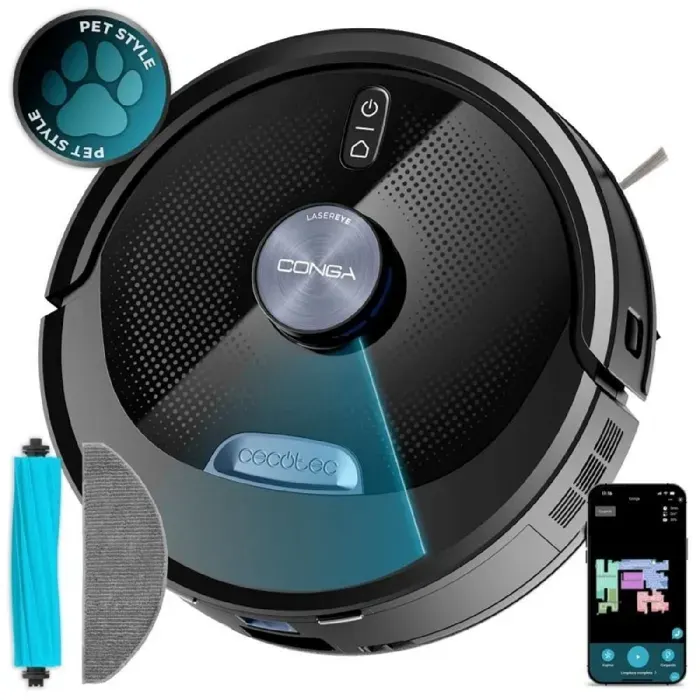 Cecotec Robot Aspirateur et Laveur de Sol Conga M80 Dark. Navigation Laser Moteur 25000 Pa Autonomie 240 Min Brosse en