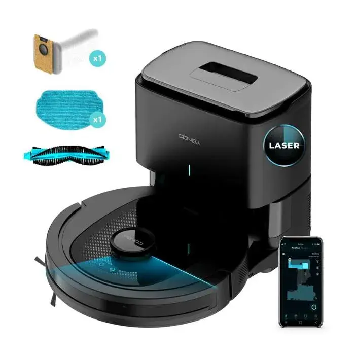 Cecotec Robot Aspirateur Laveur Conga 7490 Ultimate Home X-Treme 4000 Pa Aspirateur Robot Navigation Laser Autonomie 120 Min