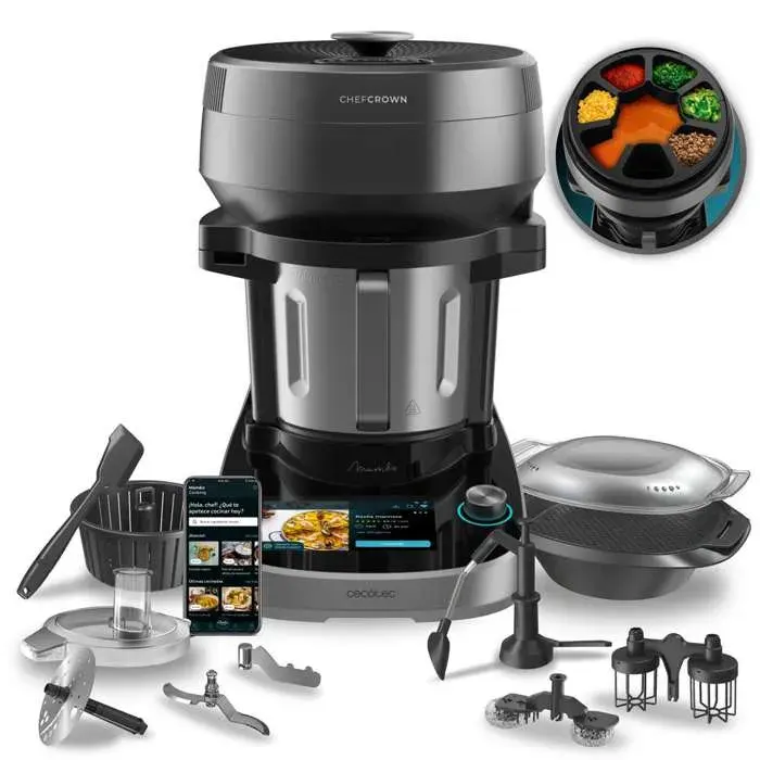 Cecotec Robot de Cuisine Multifonction avec Distributeur dAliments Mambo CooKing Unique. 2200 W 45 Fonctions Recettes