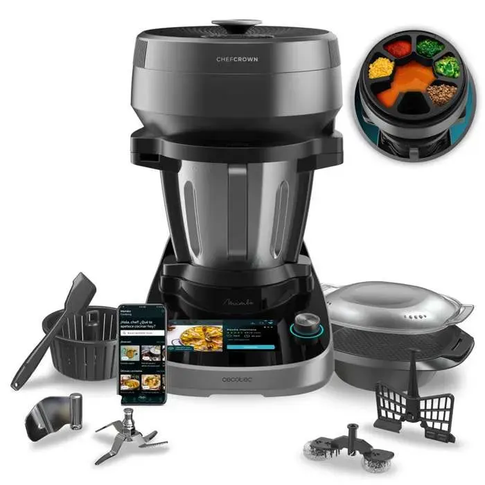 Cecotec Robot de Cuisine Multifonction avec Distributeur dAliments Mambo CooKing Victory. 1700 W 45 Fonctions Recettes