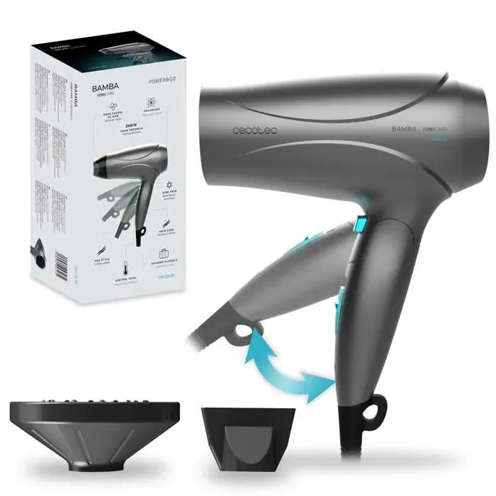 Cecotec Sèche-cheveux Compact Bamba IoniCare Power&Go: Puissance 2400 W Moteur DC Fonction Ionisante et Air Froid
