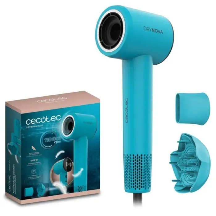 Cecotec Sèche-Cheveux Compact et Léger DryNova Blue Wave. 1600W 110000RPM Moteur Brushless Diffuseur et Concentrateur Générateur