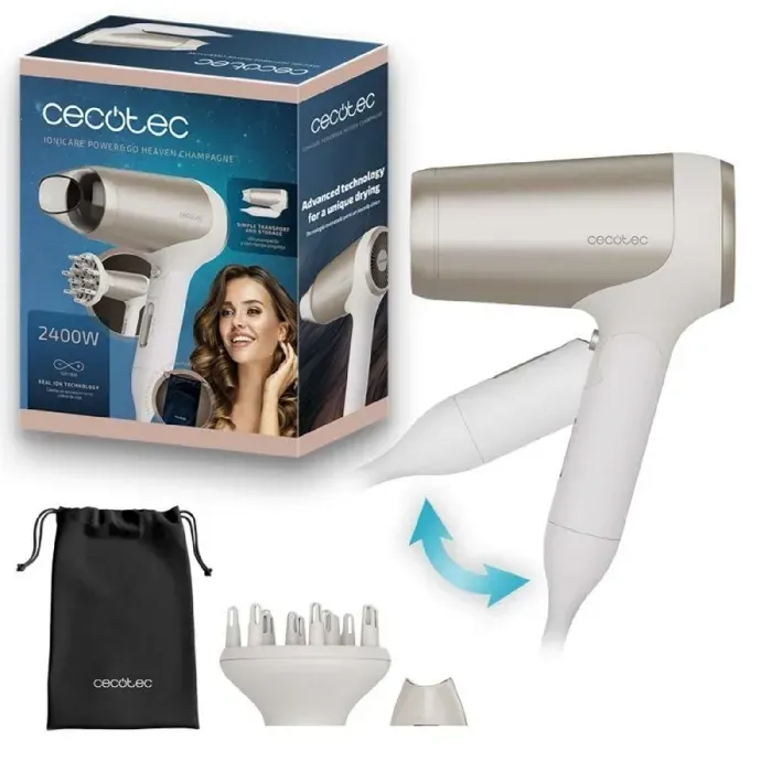 Cecotec Sèche-cheveux Pliable IoniCare Power&Travel Champagne. 2400W Moteur DC Technologie dIons Réels Compact Air Froid