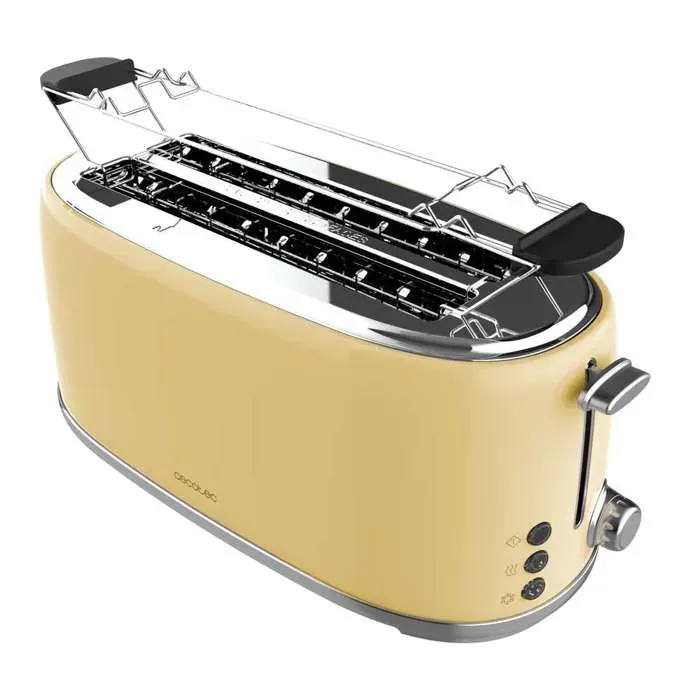 Cecotec Toast&Taste 1600 Retro Double Beige 4-Slice Toaster. 1630 W 2 Wide and Long Slots of 3.8 cm Stainless Steel