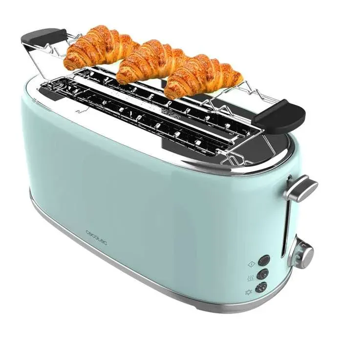 Cecotec Toast&Taste 1600 Retro Double Blue 4-Slice Toaster. 1630 W 2 Wide and Long Slots of 3.8 cm Stainless Steel