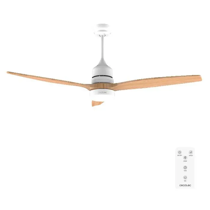 Cecotec Ventilateur de Plafond Energysilence Aero 5300 White & Wood Design 30W Diamètre 52” 3 Lames Moteur DC Lumière LED