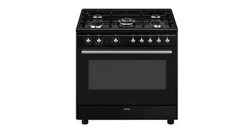Centre de cuisson 90 cm, 5 bruleurs gaz dont 1 ultra-rapide surpuissant 4 kW, four multifonction (9 dont double chaleur tournante), nettoyage catalyse, moufle geant 115 litres…