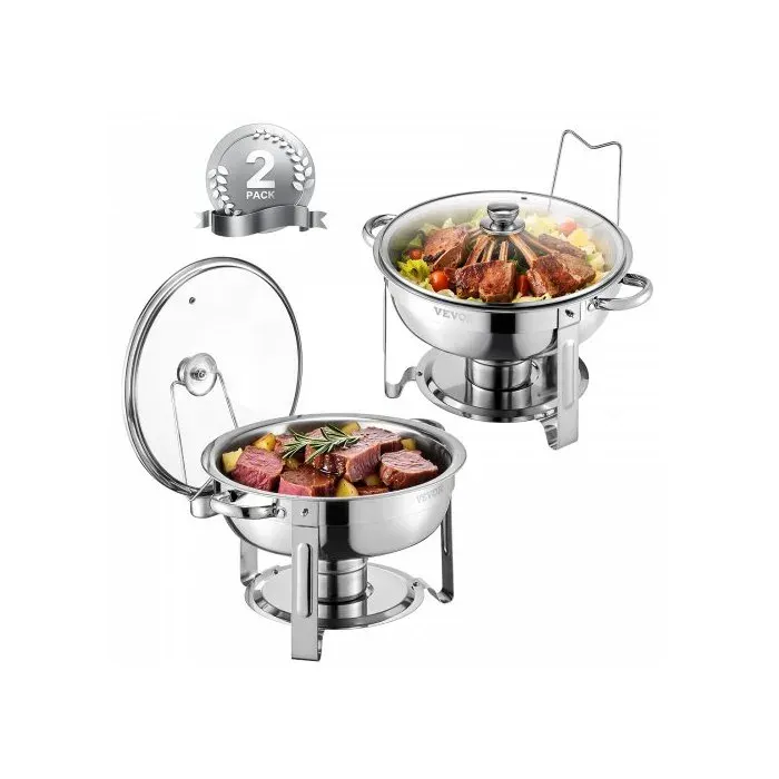 Chauffe-Plat 2 Pièces 47 L Rond Acier Inox 2 Bacs Pleine Grandeur pour Buffet Traiteur — coloris Argent