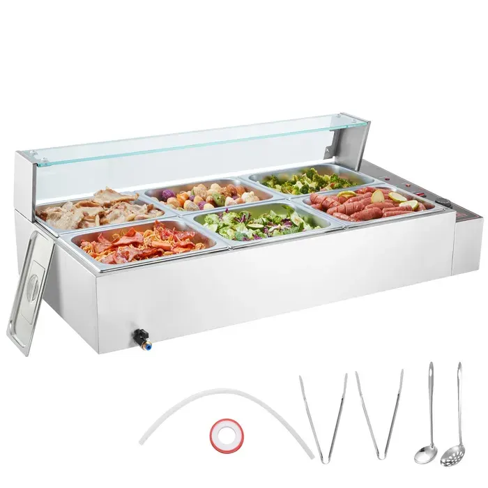 Chauffe-Plat Buffet-VEVOR-6 Bacs de 76 L-Bain-Marie Électrique 1500 W-Buffet Chauffant en Inox-Écran en Verre-Température Réglable