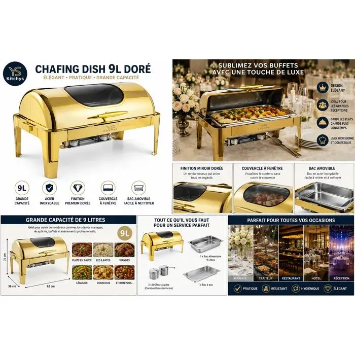 Chauffe-plat (Chafing Dish) - KITCHYS - 9 L - Acier inoxydable - Finition dorée miroir - Couvercle fenêtre