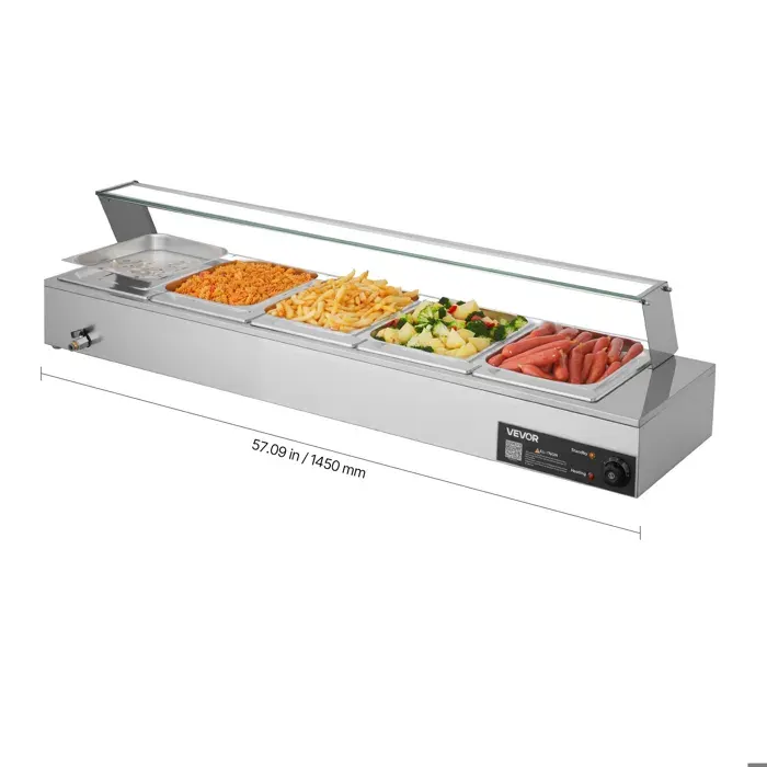 Chauffe-plat Électrique à Vapeur 1500 W-VEVOR-Buffet Chauffant en Inox Bain-marie de Comptoir 5 Bacs Gastros de 1/2