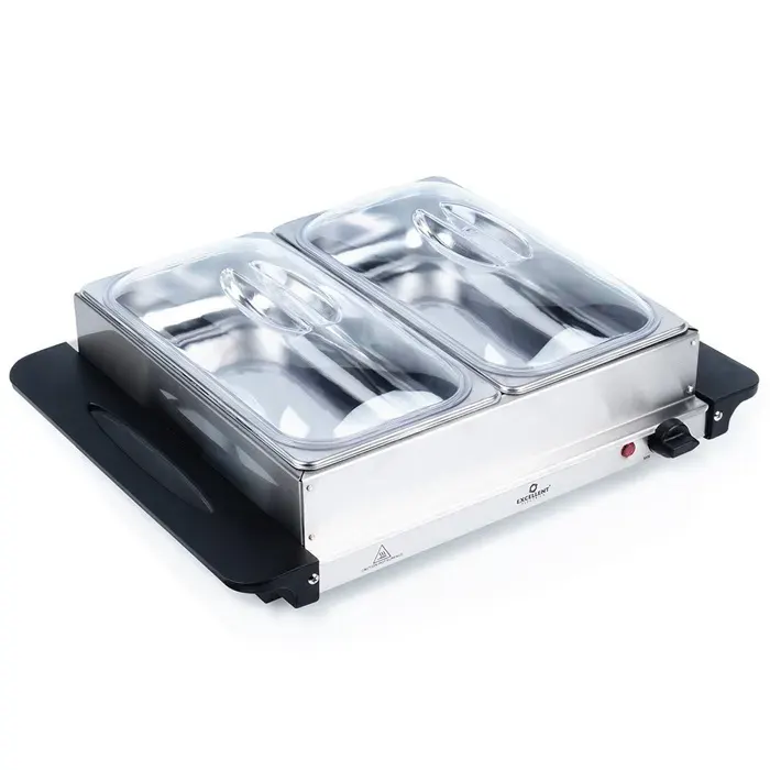 Chauffe-plat électrique - EXCELLENT ELECTRICS - 200W - Acier inoxydable - 2 récipients avec couvercles - 475x39x135 cm