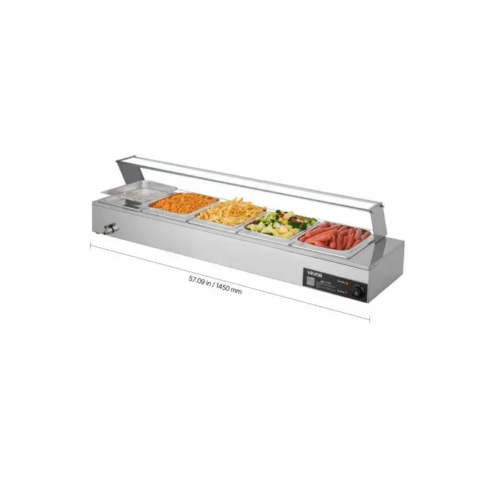 Chauffe-plat Électrique Vapeur 1500 W Buffet Chauffant Inox Bain-marie Comptoir 5 Bacs Gastros 1/2 Capot Verre pour Service