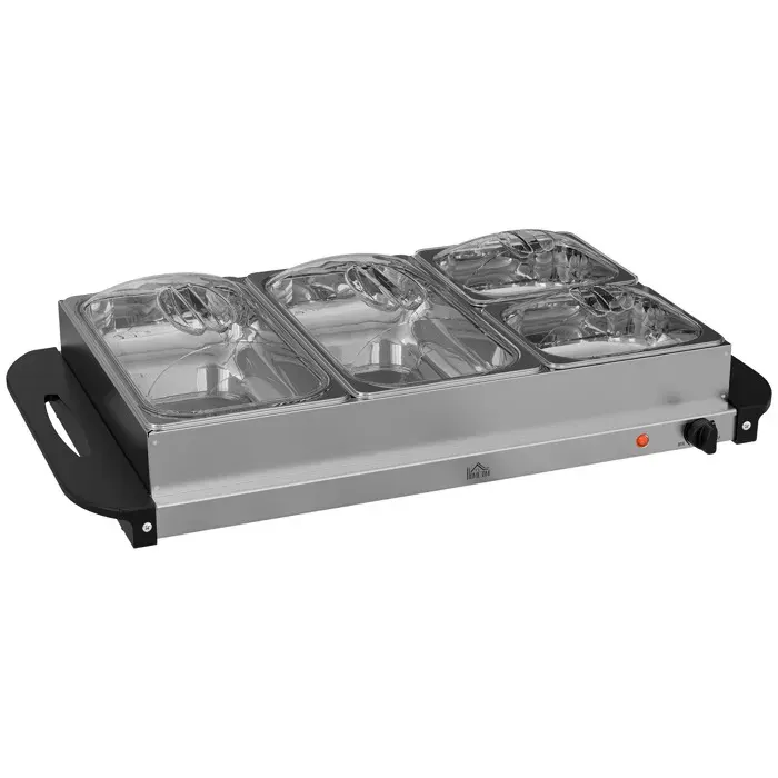 Chauffe-plats électrique - HOMCOM - acier inoxydable - 300W - capacité 2 x 24 L et 2 x 1 L - plaque chauffante températur réglable