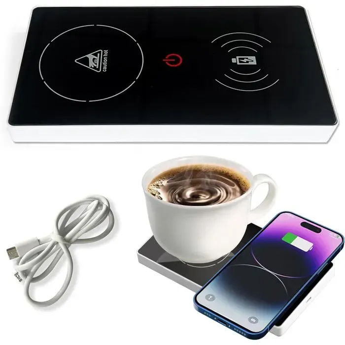 Chauffe-Tasse Intelligent 2-en-1 (15W) avec Technologie Tactile Réchauffeur de Boissons USB pour Bureau .