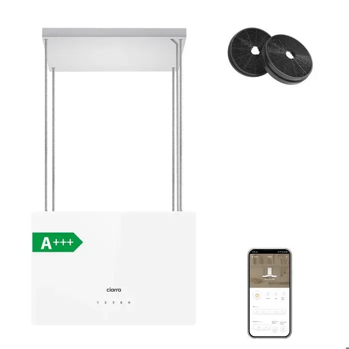 CIARRA AW4850S Hotte Ilot Connectée APP Contrôle 700m3/h Booster Mode 4 Vitesses Hotte à Recyclage 48cm Blanc & Inox