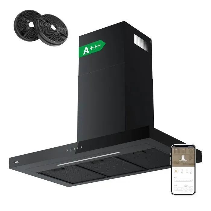 CIARRA AW9102B Hotte Aspirante 90cm APP Contrôle A+++ 650m3/h Booster Touche Tactile Silencieuse 59dB Noir