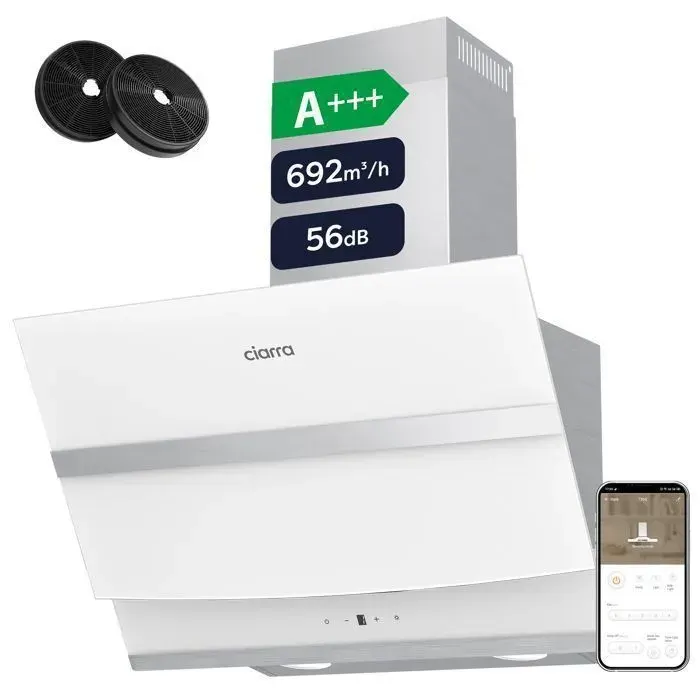 CIARRA CBCW6736N Hotte Inclinée 60 cm Blanc 692m³/h WiFi Tactile A+++ Booster Recyclage/évacuation Filtres à charbon inclus