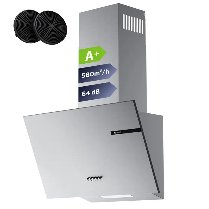 CIARRA Hotte Aspirante 60cm 580m3/h A+ 3 Vitesses Recyclage ou Evacuation avec 2 Filtre Actif Hotte Inclinée Inox CD6765AS