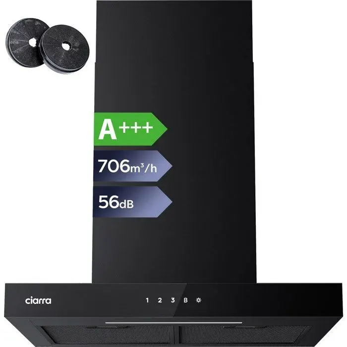 CIARRA Hotte Aspirante 60cm WI-FI et Tactile 706m3/h A+++ Booster Mode Silencieux Filtres à charbon Inclus Noir CD6102B