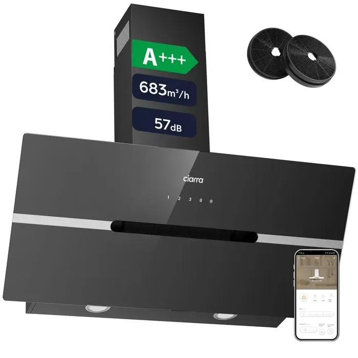 CIARRA Hotte Aspirante 90cm A+++ 683 m3/h Booster 4 Vitesses Touche Tactile Hotte Cuisine Noir