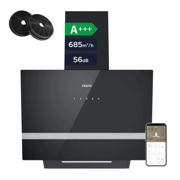 CIARRA Hotte aspirante inclinée 60 cm 685 m³/h A+++ Wi-Fi Tactile 4 vitesses Booster Recyclage ou Évacuation Noir CD6736HB