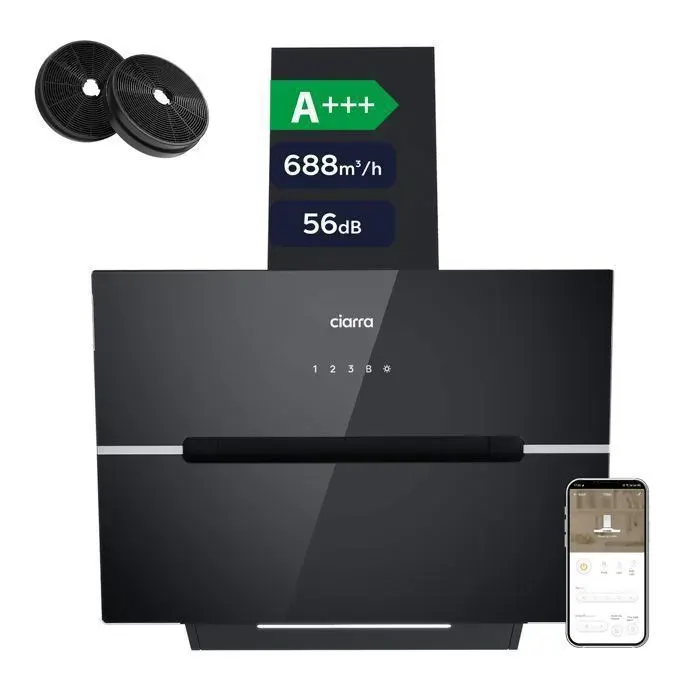 CIARRA Hotte Aspirante Inclinée 60 cm 688 m³/h A+++ Wi-Fi Tactile 4 Vitesses Booster Filtres à charbon inclus Noir CD6736FB