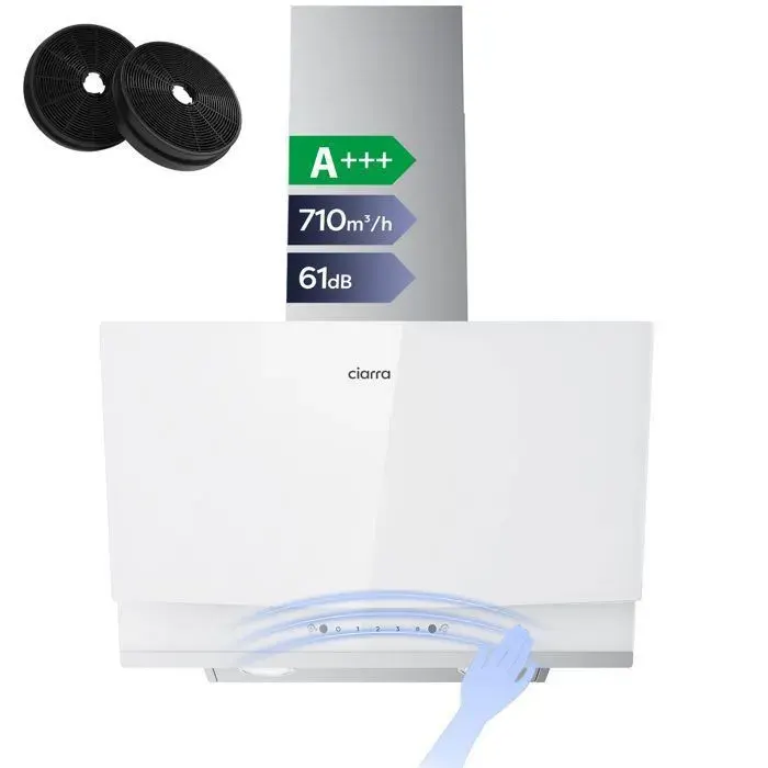 CIARRA Hotte Aspirante Inclinée 60 cm 710 m³/h Tactile & Gestuelle A+++ Recyclage ou Évacuation Filtre à Charbon Inclus Blanc