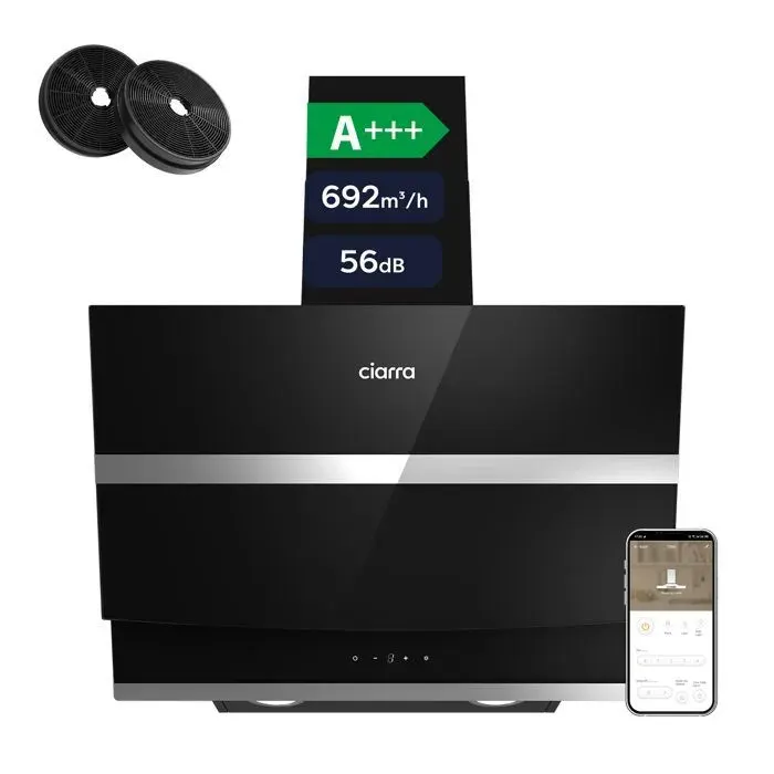 CIARRA Hotte Aspirante Inclinée 60 cm A+++ 692 m³/h Wi-Fi & Tactile 4 Vitesses Booster Filtres à charbon inclus Noir CBCB6736N