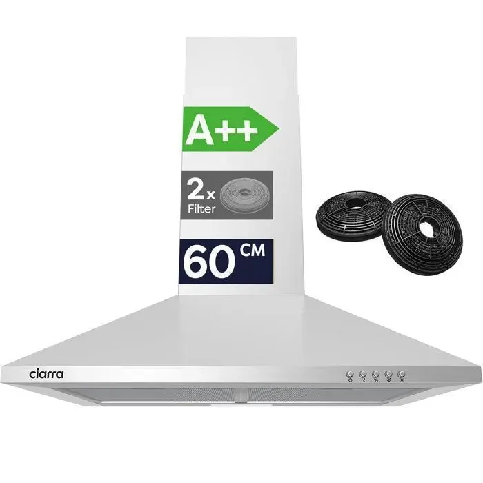 CIARRA Hotte Aspirante Murale 60cm Inox A++ 404m³/h Recyclage ou Évacuation Filtre à Charbon Inclus LED Silencieuse CBCS6201