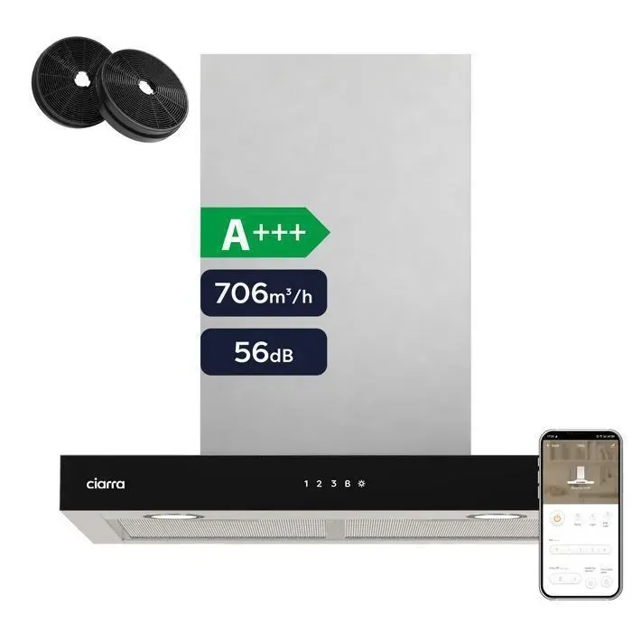 CIARRA Hotte Aspirante Murale 60cm WiFi & Tactile A+++ 706m³/h 56dB Booster avec 2pcs Filtres à Charbon Recyclage Inox CBCS6102