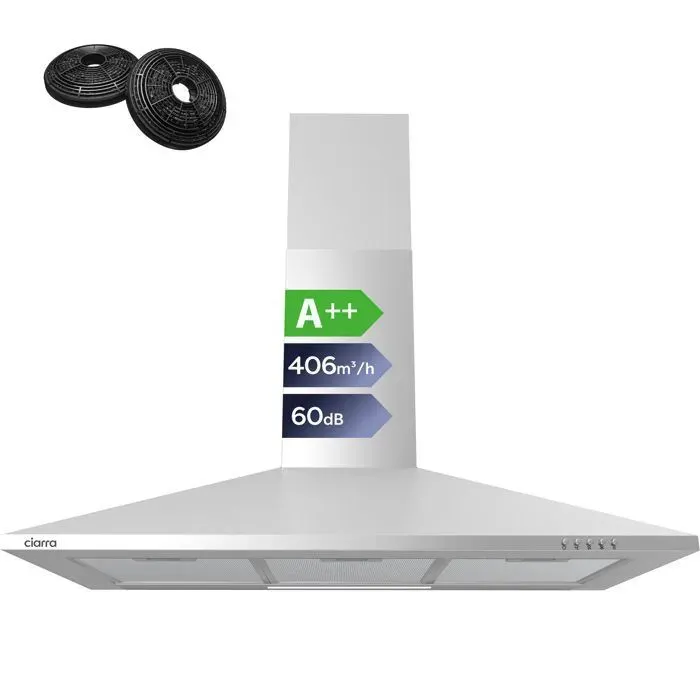 CIARRA Hotte Aspirante Murale 90cm A++ 406m³/h 3 Vitesses Evacuation & Recyclage avec 2pcs Filtre à charbon Inox - CBCS9201