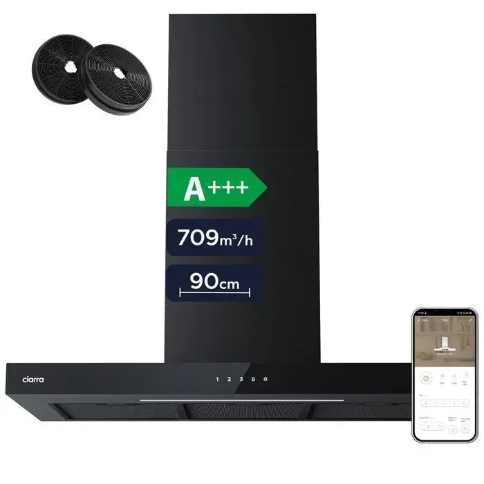 CIARRA Hotte Aspirante Murale 90cm Noir WiFi Tactile A+++ 709m³/h Min 43dB Booster 61dB 12kWh/an Filtres Charbon Inclus CD9102B