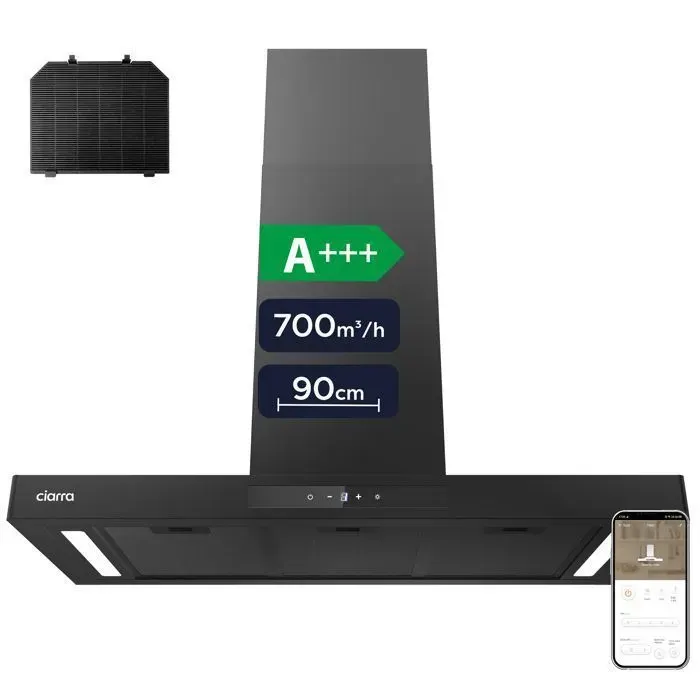 CIARRA Hotte Aspirante Murale 90cm Wi-Fi A+++ 700m³/h 4 Vitesses Booster Tactile Filtre à charbon Inclus Recyclage Noir CD9102B-P