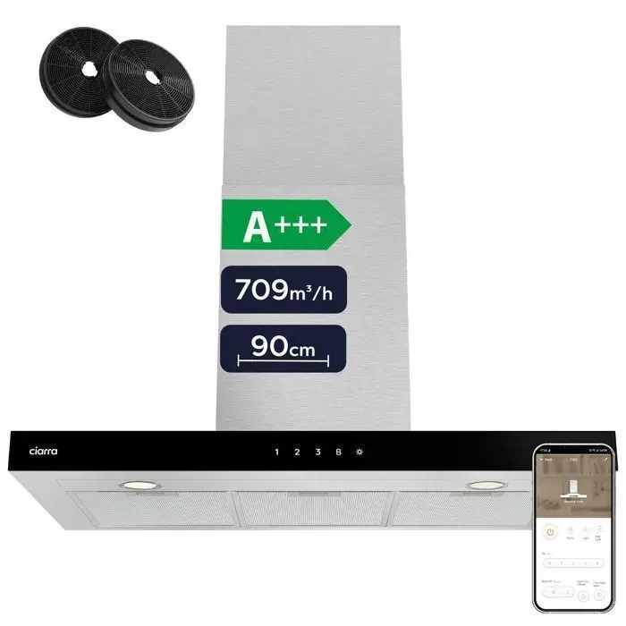 CIARRA Hotte Aspirante Murale 90cm WiFi Tactile A+++ 709m³/h 56dB Booster 2 x Filtres à charbon Reyclcage ou Evacuation Noir & Inox