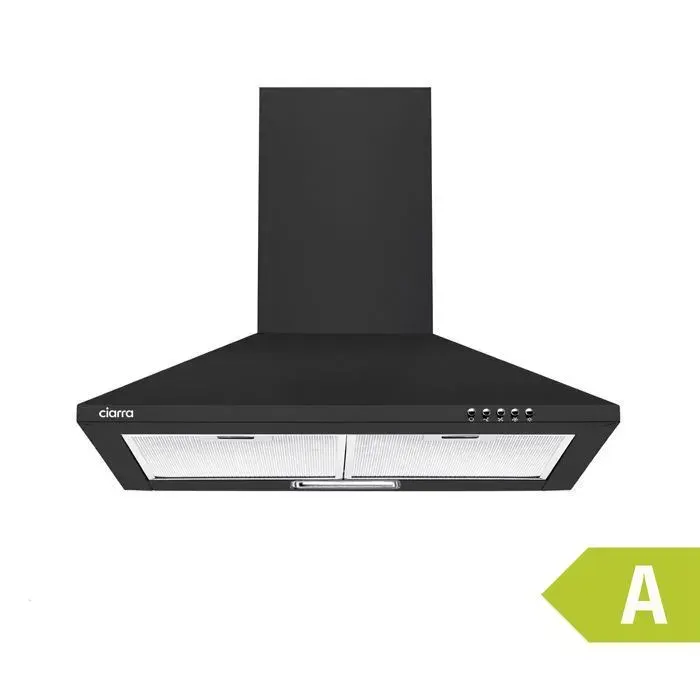 CIARRA Hotte Aspirante Murale Noire 60 cm - Classe A - 380 m³/h - Recyclage & Évacuation - 62 dB - 3 Vitesses - CAB6201A