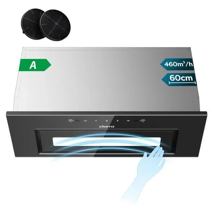 CIARRA Hotte Encastrable 60cm Tactile avec Senseur Gestuel 469 m3/h avec Filtre à Charbon Hotte Recyclage Noir CD6931BK