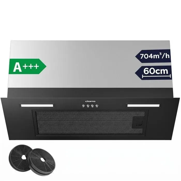 CIARRA Hotte Groupe Filtrant 60cm 704m³/h A+++ 60dB(A) Filtres charbon & Conduit inclus 3 Vitesses Hotte Noir CD6926AB