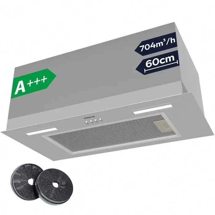 CIARRA Hotte Groupe Filtrant 60cm A+++ 704 m³/h 60 dB(A) 3 Vitesses Filtres charbon Inclus Recyclage ou Evacuation Inox CD6926AS