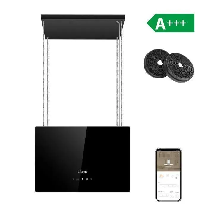 CIARRA Hotte Îlot à Recyclage 48cm A+++ 700m³/h Wi-Fi Tactile Booster 4 Vitesses LED Réglable 2 Filtres à Charbon inclus Noir