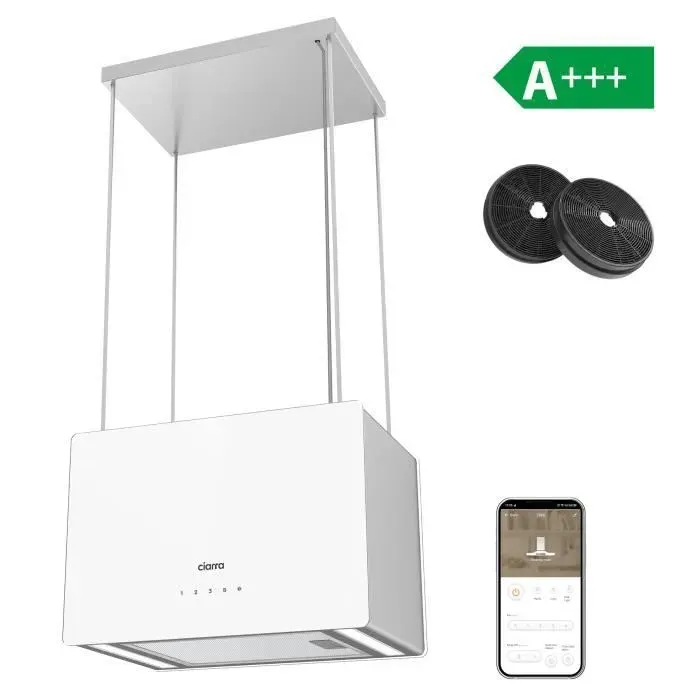 CIARRA Hotte Ilot Intelligente Wi-FI APP Contrôle 700m3/H Booster Hotte à Recyclage 48cm Blanc & Inox