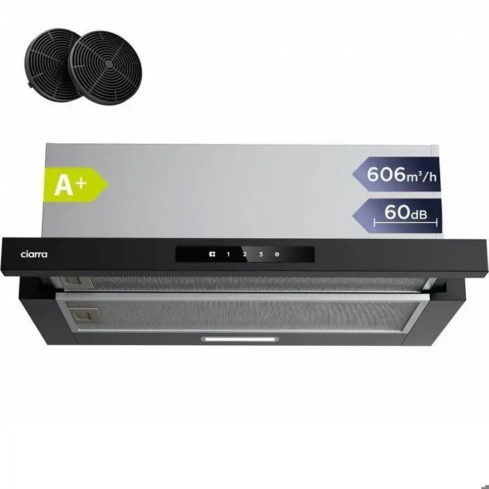 CIARRA Hotte Tioir 60cm A+ 606 m3/h Recyclage ou Evacuation inclus 2pcs Filtre Actif Hotte Noir Tactile CD6909AB