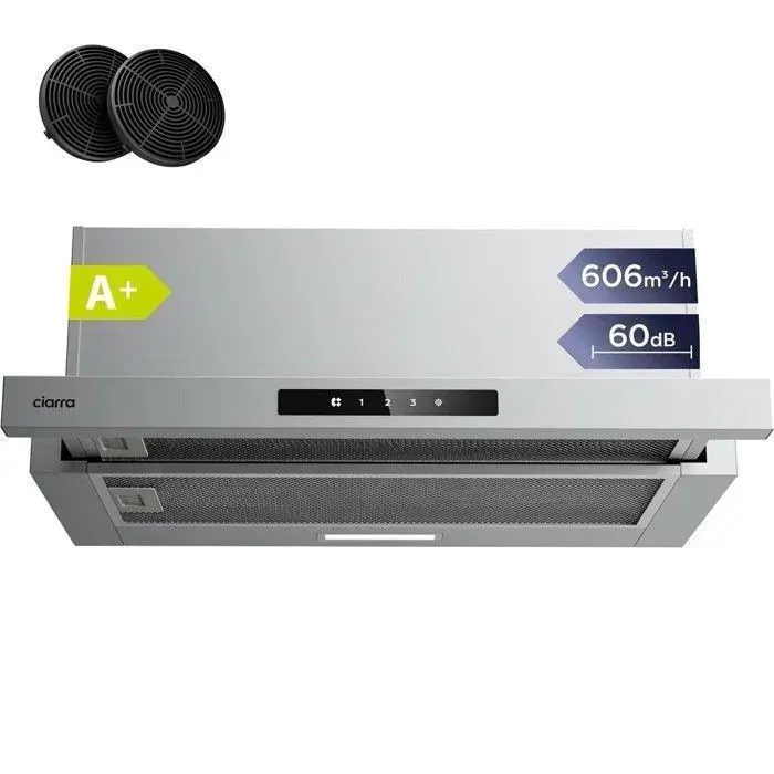 CIARRA Hotte Tiroir 60 cm – 606 m³/h – Tactile – Classe A+ – 3 Vitesses – 60dB – Filtres charbon & Conduit inclus – Encastrable Inox