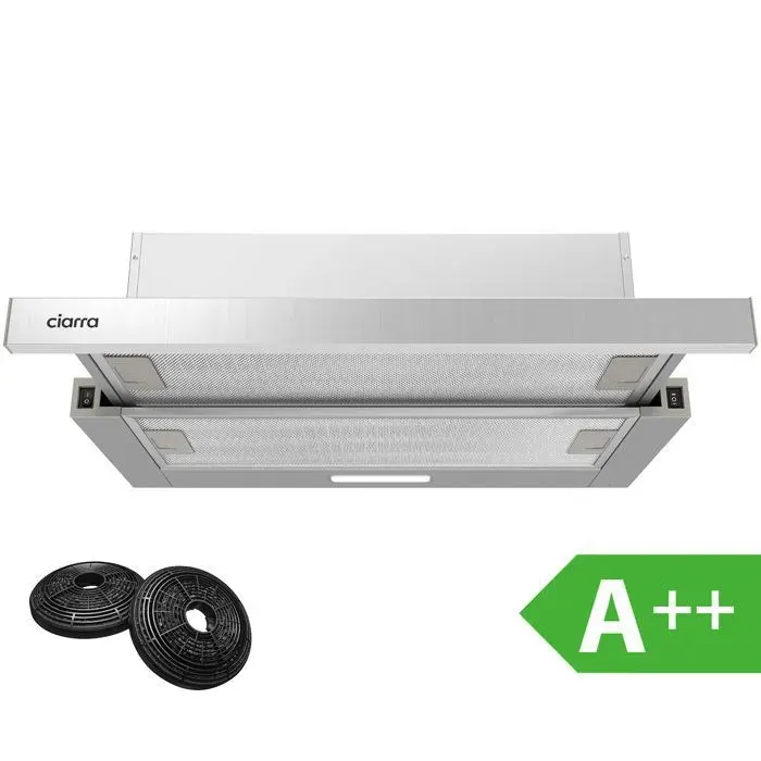 CIARRA Hotte Tiroir Noir 60cm A++ 391 m3/h avec 2pcs Filtres à charbon Recyclage et Evacuation Hotte Téléscopique CD6906DB