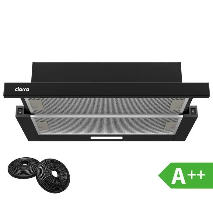 CIARRA Hotte Tiroir Téléscopique 60cm Classe A++ 391 m3/h avec 2pcs Filtres à charbon Recyclage et Evacuation Intégrée Noir CD6906DB