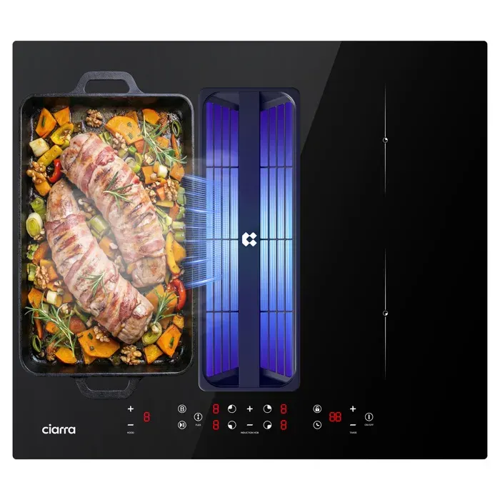 Ciarra Plaque Induction Aspirante 59cm avec Filtre à Plasma 500m3/h 4 Foyers 7000W Booster Minuterie Flexizone 5 Vitesses